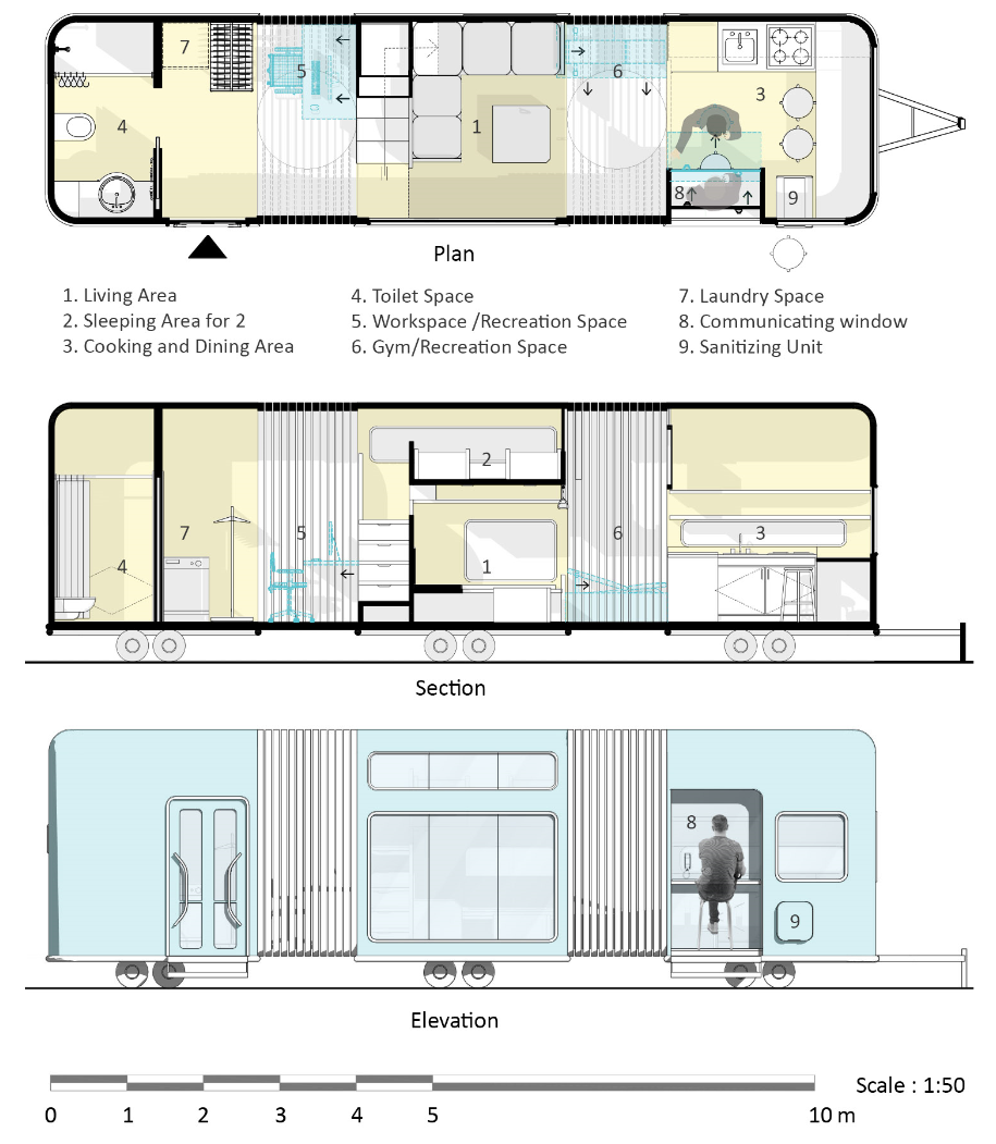 Tiny House Covid Isolation Competition Plan, Section & Elevation